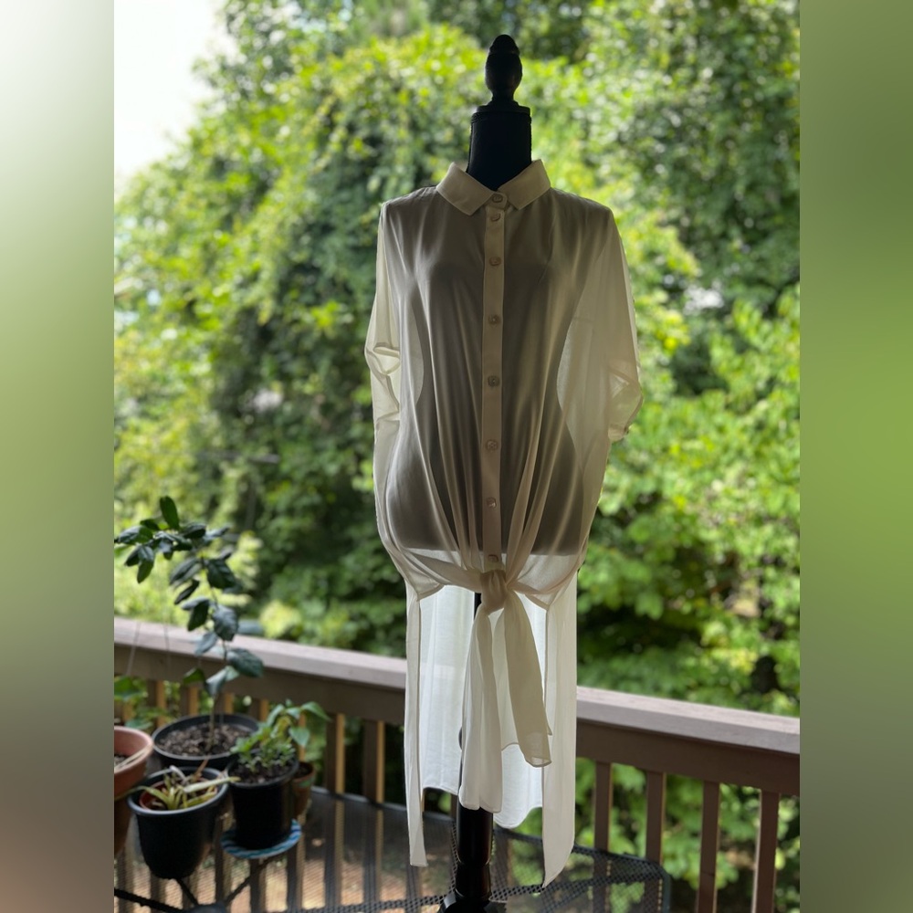 Chico's by Marla Wynne Chiffon Ivory Long Tie-Front Tunic/Duster Size M EUC - Picture 11 of 12